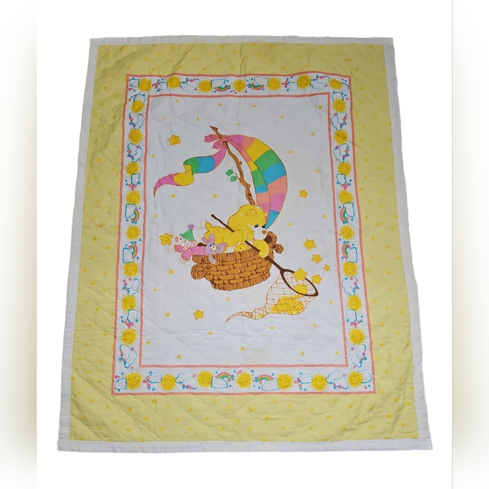 VTG 80s Care Bears Funshine Quilted Cotton Handmade Yellow Baby Quilt Blanket
